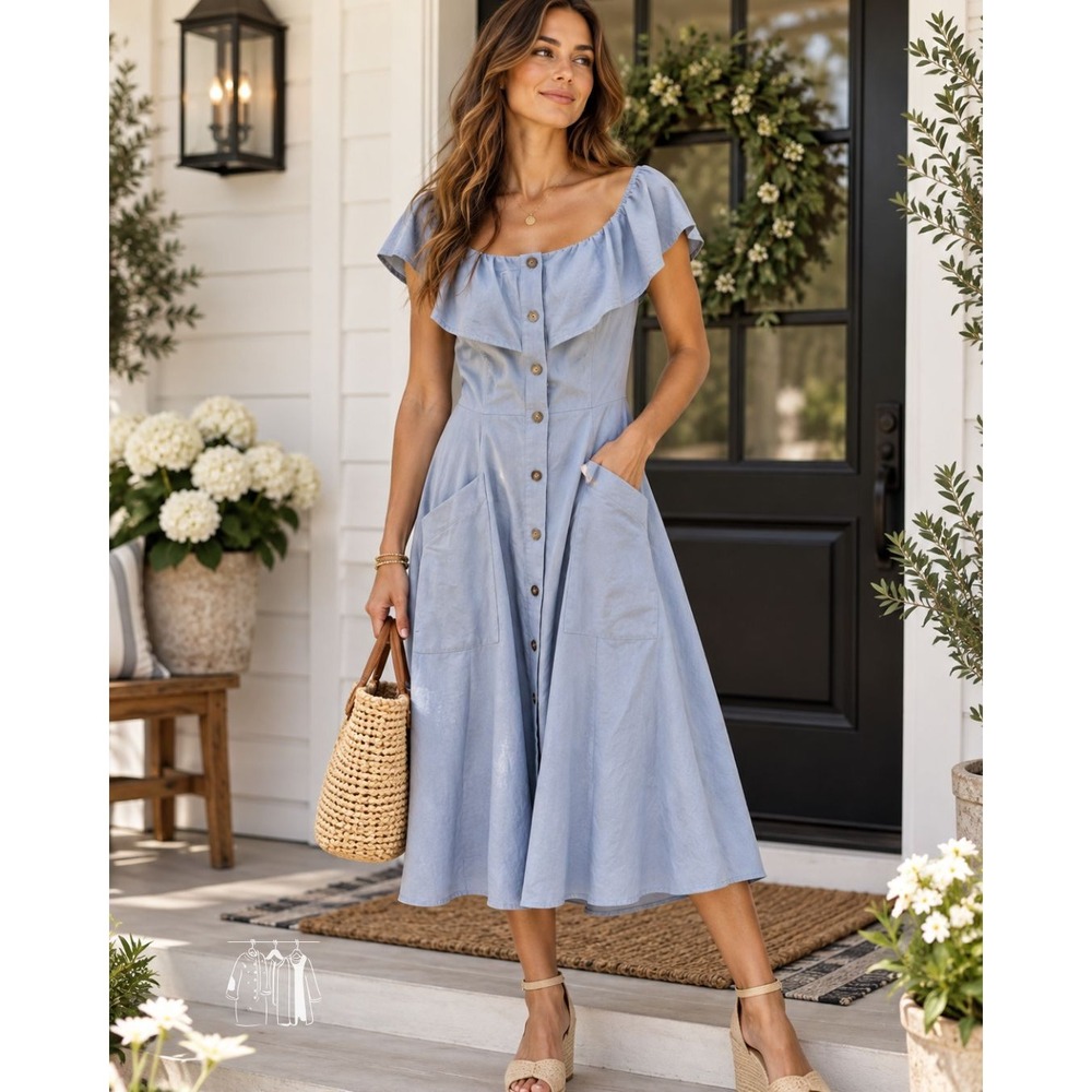 Saks Fifth Avenue Dress Women 12 Light Blue Excellent Linen Cotton Cottagecore